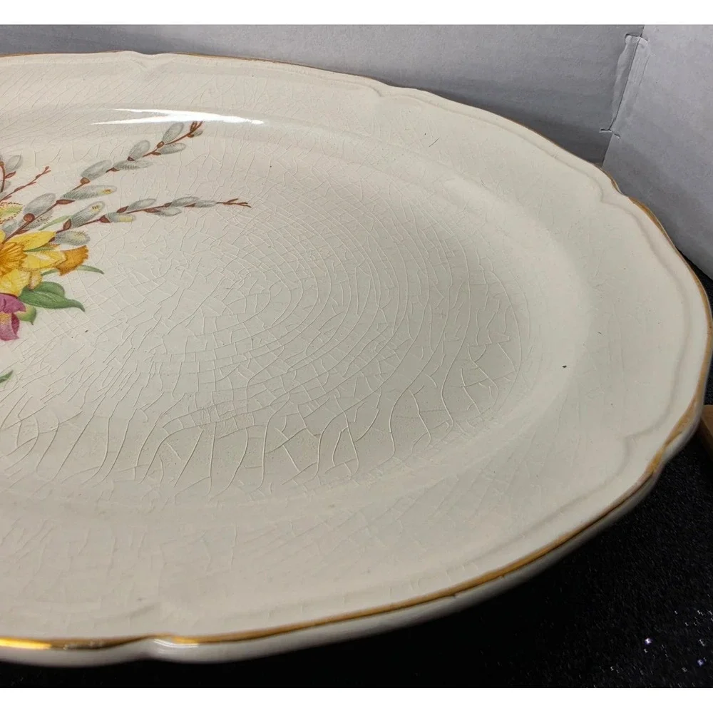 Vintage Floral Ceramic Oval Serving Platter Daffodils Tulips Gold Rim 11.5in